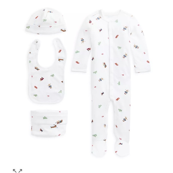 Ralph Lauren NWOT 6 month Snow Polo Bear Footie Hat Bib & Bag Gift Set - Baby